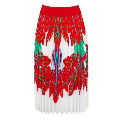 Half Circle Pleated White Midi Skirt with Red Leaves Print