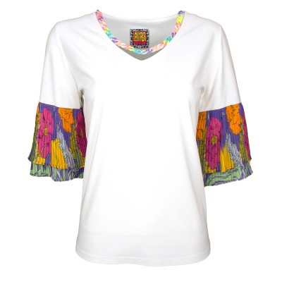 Blouse with Pleated Sleeves&Detachable Colorful Half Chain