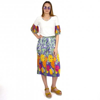 Blouse with Pleated Sleeves&Detachable Colorful Half Chain