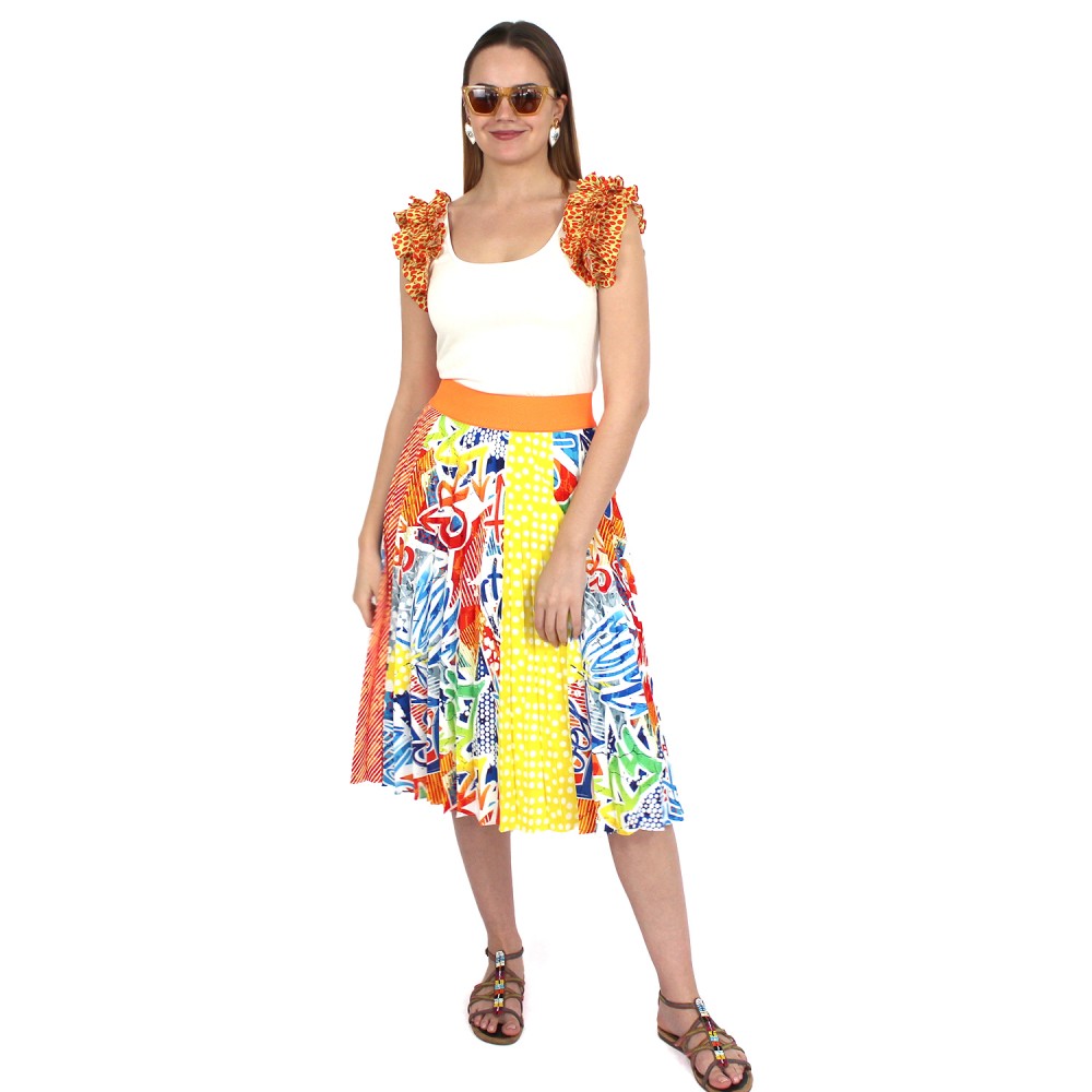 Half Circle Pleated Midi Skirt with Popart Pattern