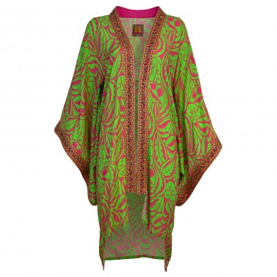 Green Leaf Print Midi Viscose Kimono with Embroidery Borders