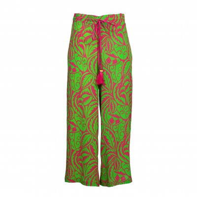 Green Viscose Pants with Leaf Print