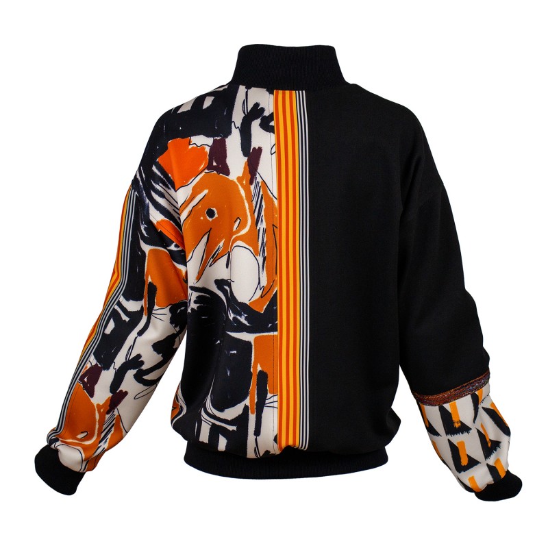 Patchwork Digital Print & Black Knitted Bomber Jacket