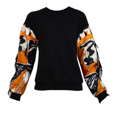 Black Sweatshirt With Printed Sleeves & Suede Fringe Details