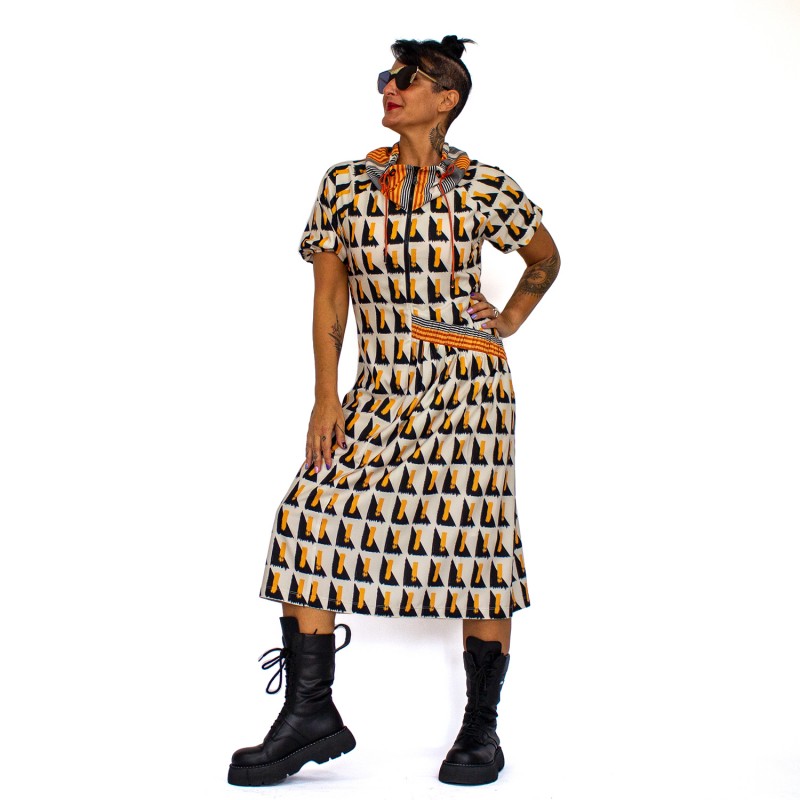 Geometric Print Midi Dress With Puff Sleeves
