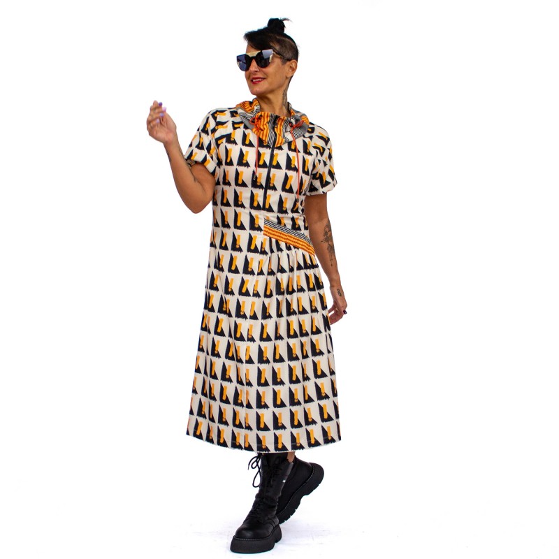 Geometric Print Midi Dress With Puff Sleeves