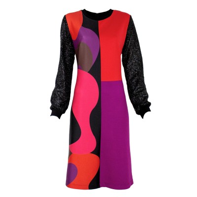 Colorful&Black Abstract Design Patchwork Knit Viscose Dress