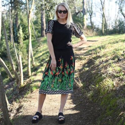Palm Tree Print Pleated Midi Skirt