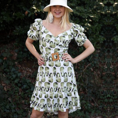 Above Knee Double Breasted Cotton Dress With Leaf Prints
