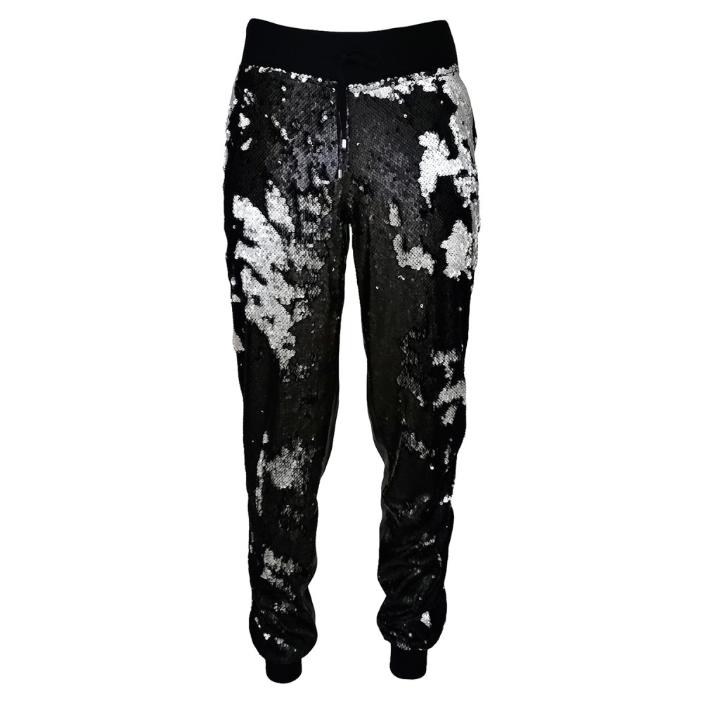 Double-Sided Sequined Black Faux Leather Track Pants