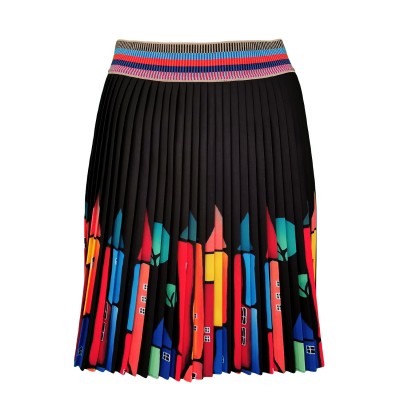 Black Mini Pleated Skirt With Colorful House Prints