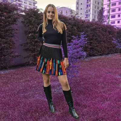 Black Mini Pleated Skirt With Colorful House Prints