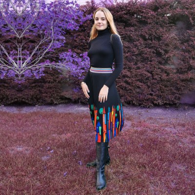Black Midi Pleated Skirt With Colorful House Prints