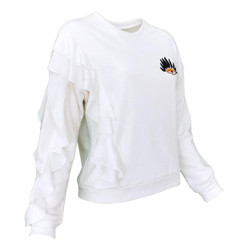 White Sweatshirt With Ruffle Detail & Eye Embroidery