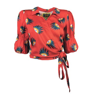 Double-Breasted Red Blouse With Eye Detailed Print