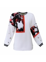 White Sweatshirt With Eyelet Details & Abstract Camo Print