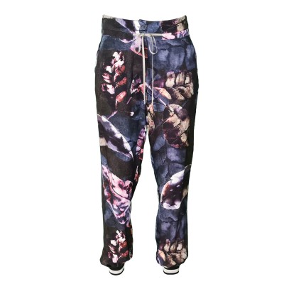 Viscose Pants With Leaf Prints & Ribbed Cuffs