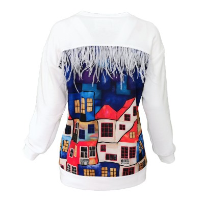 White Cotton Sweatshirt With House Pattern Print On The Back