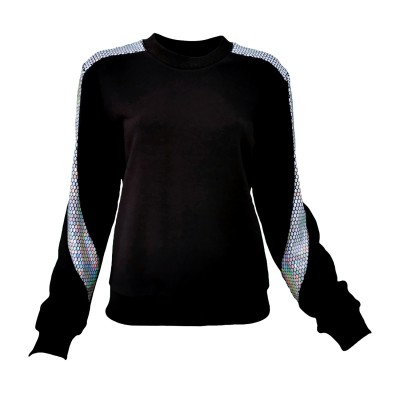 Black Sweatshirt With Silver Honeycomb Hologram Sequined Details Sleeves