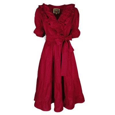 Dark Cherry Red Double-Breasted V-Neck Cotton Dress With Ruffles