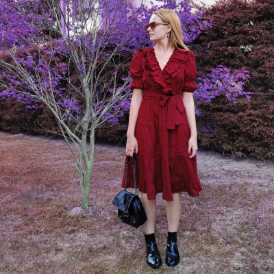 Dark Cherry Red Double-Breasted V-Neck Cotton Dress With Ruffles