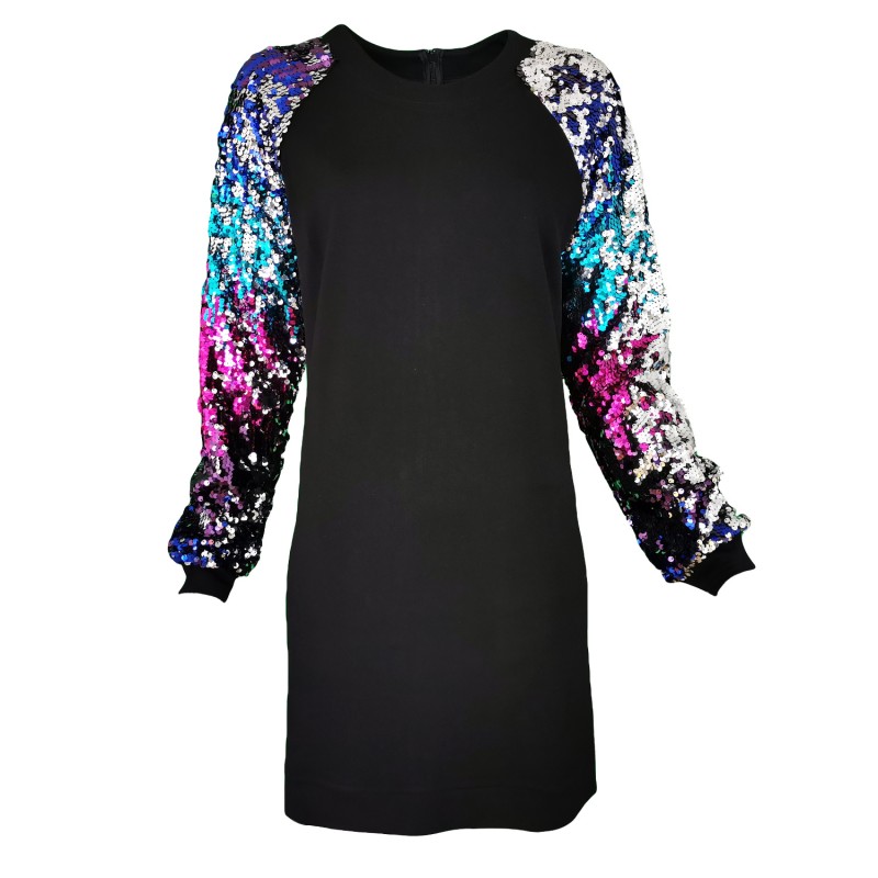 Knitted Above Knee Dress With Double-Sided Sequined Raglan Long Sleeves