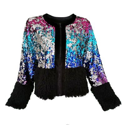 Double-Sided Sequined Bomber Jacket With Velvet & Faux-Fur Details
