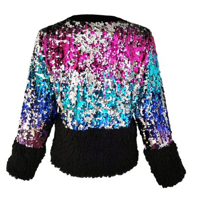 Double-Sided Sequined Bomber Jacket With Velvet & Faux-Fur Details
