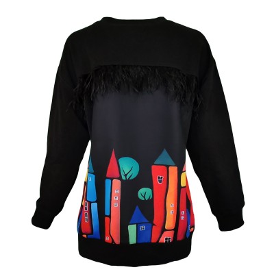 Black Cotton Sweatshirt With Colorful House Print on the Back