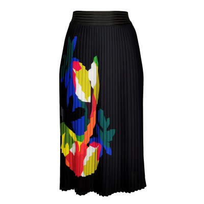 Black Pleated Midi Skirt With Bright Colorful Digital Print