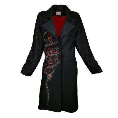 Black Felt Coat with Embroidery Details and Raglan Sleeves