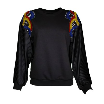 Pleated Sleeve Black Sweatshirt With Embroidered Shoulders