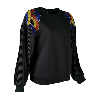 Pleated Sleeve Black Sweatshirt With Embroidered Shoulders