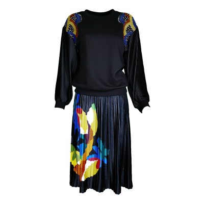 Black Velvet Pleated Midi Skirt With Colorful Digital Print