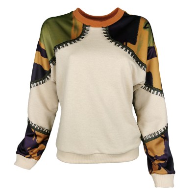 Abstract Print Sweatshirt with Khaki Vegan Leather Details