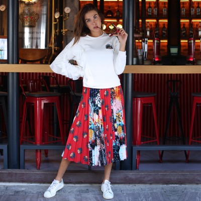 Multi-Color & Print Pleated Midi Skirt