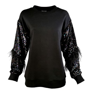 Black Shimmering Sequin Sleeve Sweatshirt With Black Faux Feathers