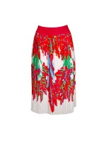 Pleated White Midi Skirt with Red Leaves Print