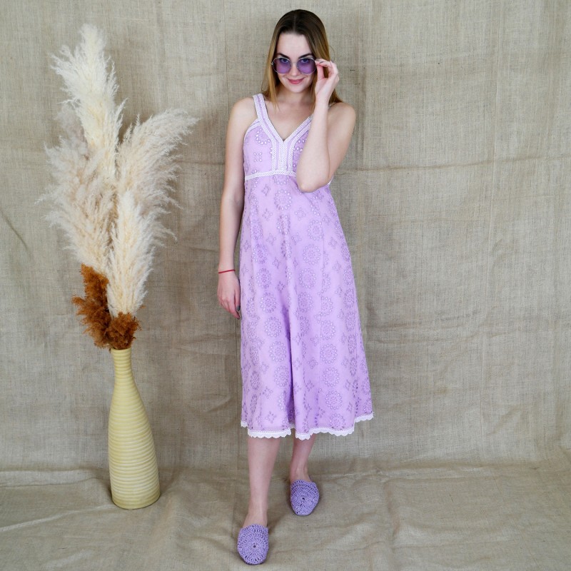 Lace Trimmed Midi Lilac Purple Dress