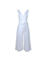 White Cotton Embroidery Jumpsuit With Faux Pearl & Diamond Details
