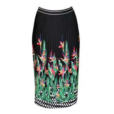 Black Midi-Skirt with Printed Palm Trees and Embroidered Sequins