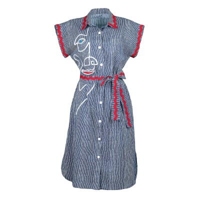 Pinstripe Cotton Shirtdress With Face Embroidery
