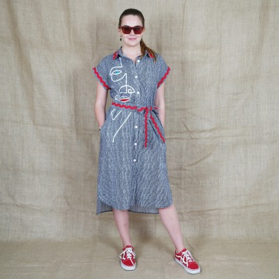 Pinstripe Cotton Shirtdress With Face Embroidery