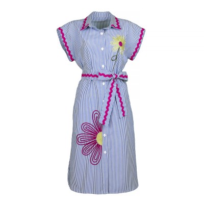 Pinstripe Cotton Shirtdress With Flower Embroidery