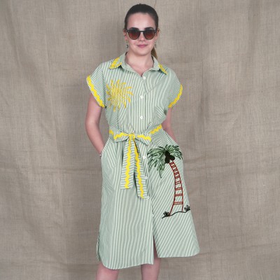 Pinstripe Cotton Shirtdress With Sun & Palm Tree Embroidery