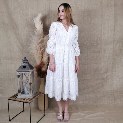 White Cotton Embroidered Midi Dress